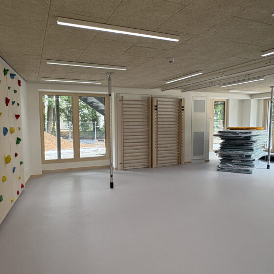 Moderne Sporthalle mit Kletterwand, Turngeräten und großen Fenstern für Tageslicht.